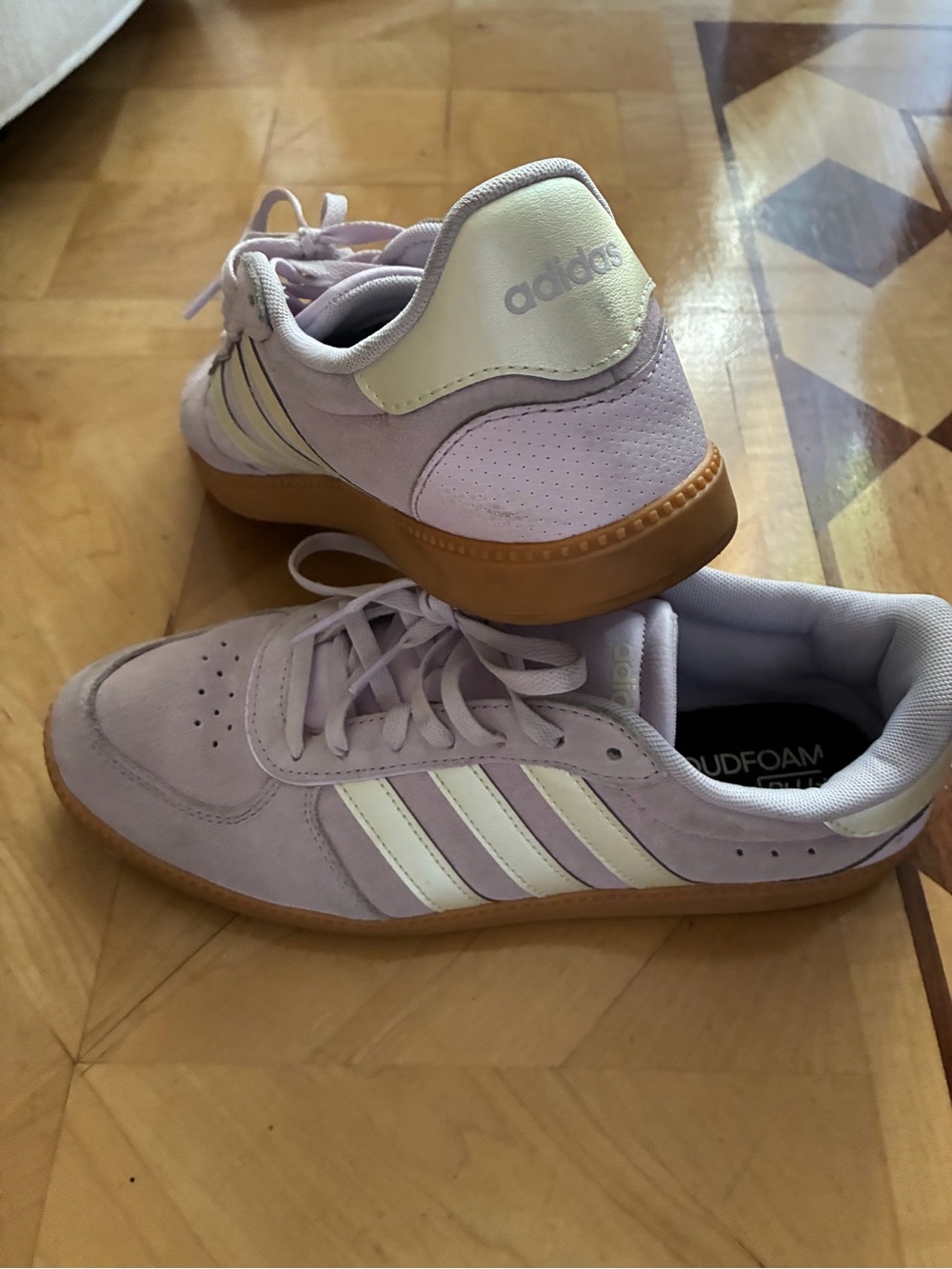 adidas Lilac Suede Sneakers with White Stripes and Gum Sole